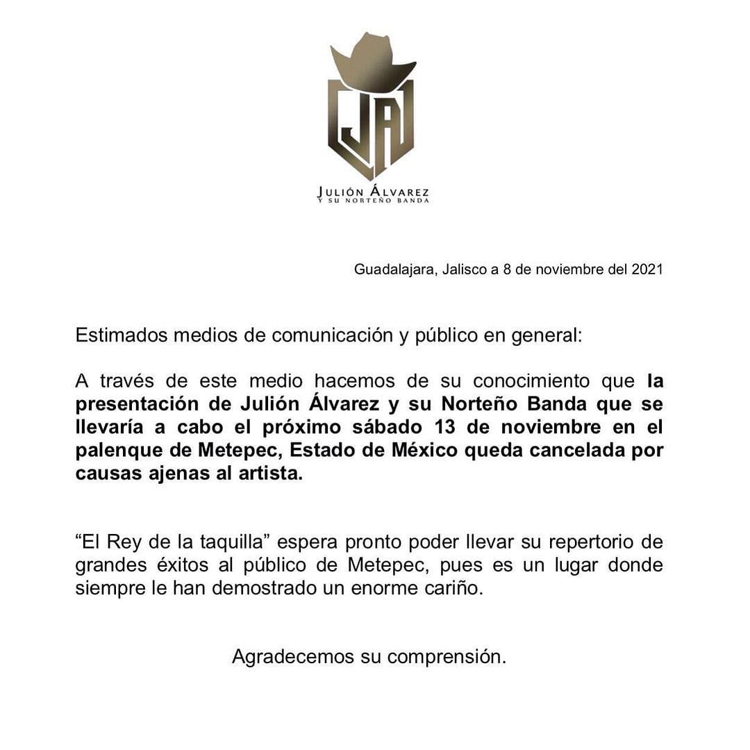 Comunicado de Julión Álvarez