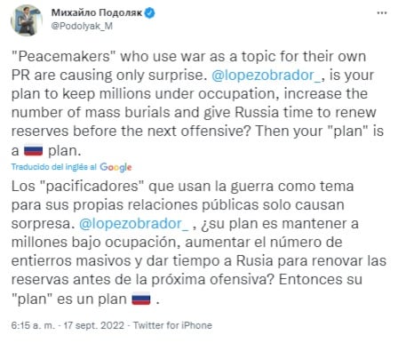 Asesor de Zelensky critica a AMLO