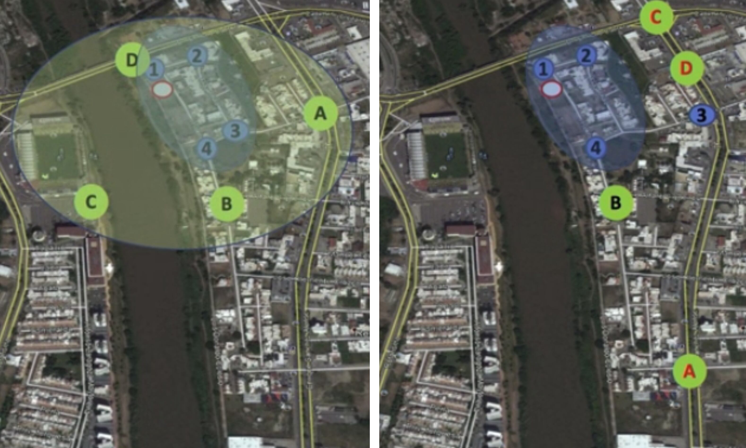 Izq. puntos estratégicos planeados por el Ejército / Der. puntos a donde militares fueron replegados