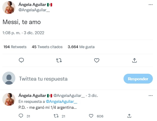 Tuit de Ángela Aguilar apoyando a Argentina y a Lionel Messi