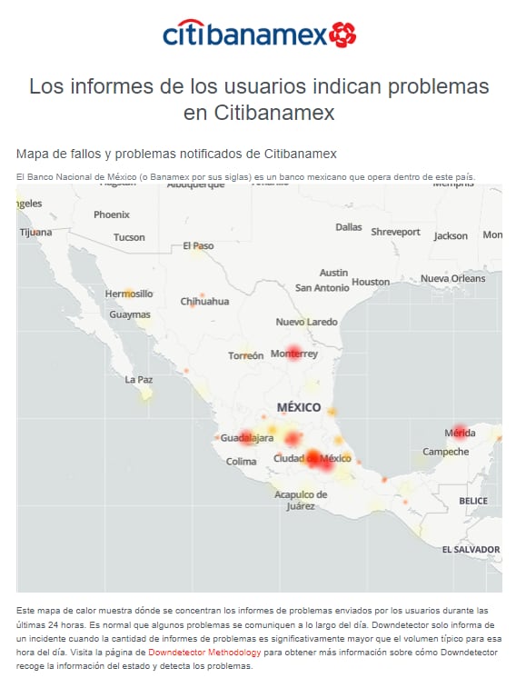 Reporte de Downdetector por la falla de Banamex en pleno viernes de quincena