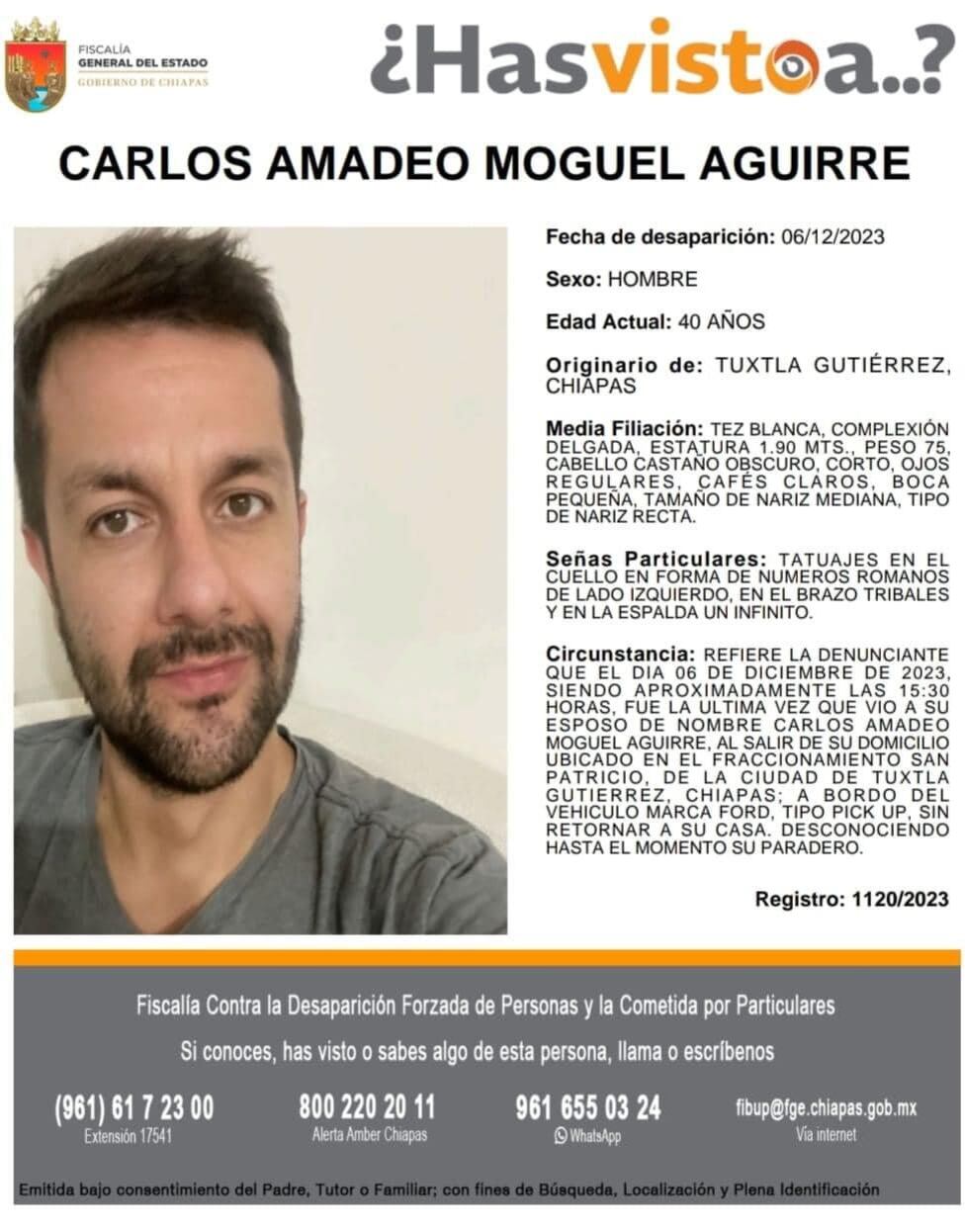 Buscan a Carlos Amadeo Moguel Aguirre, desaparecido en Chiapas