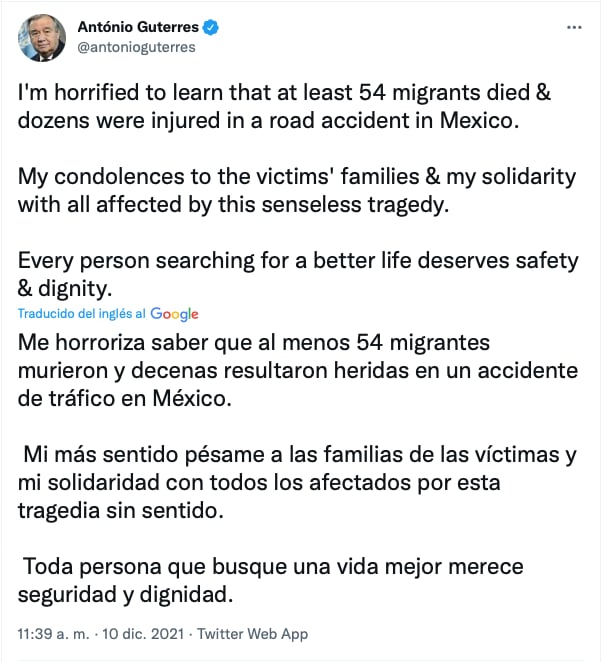 António Guterres lamenta accidente de migrantes en Chiapas/@antonioguterres