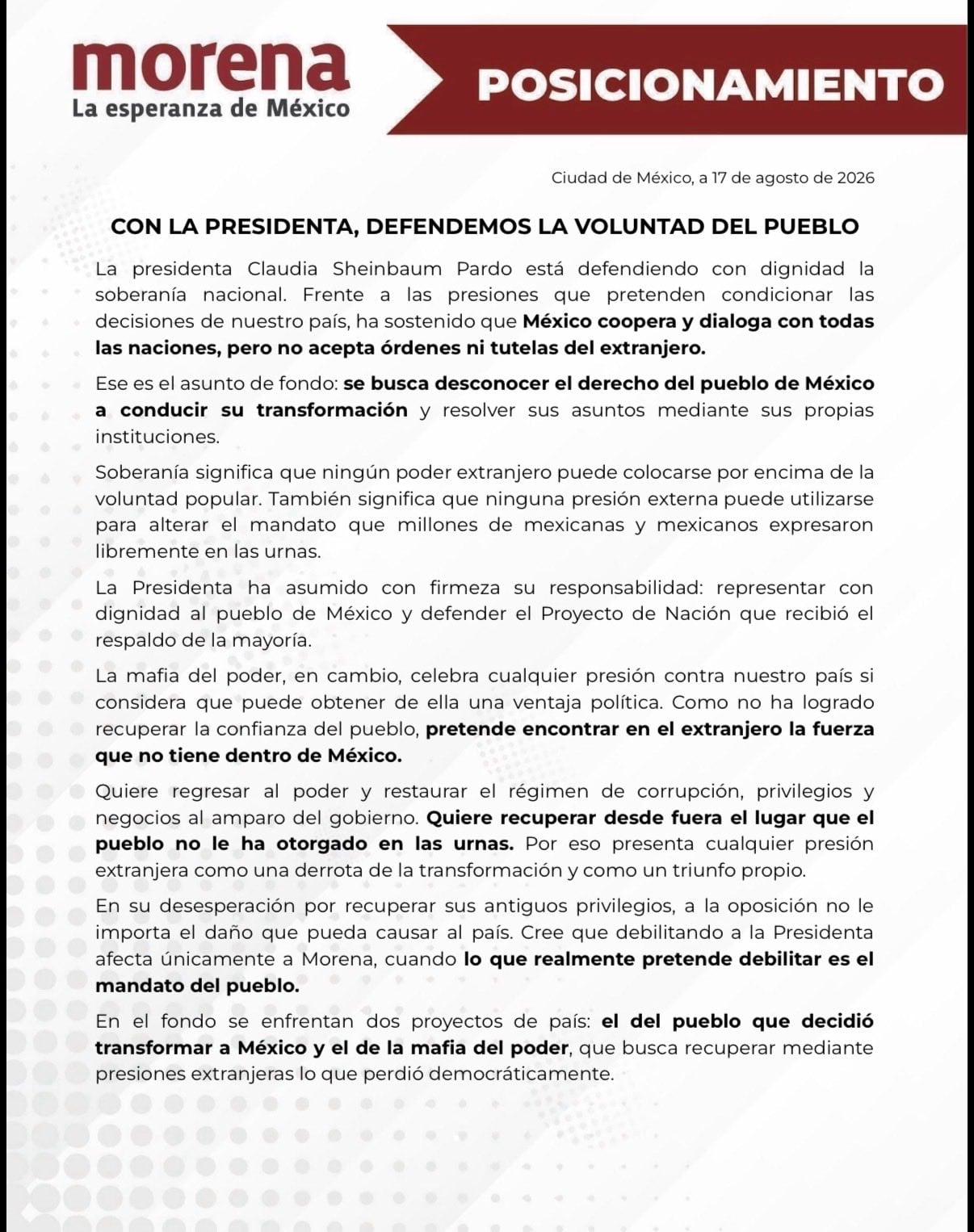 Morena respalda a Sheinbaum: cooperación sí, injerencia extranjera no