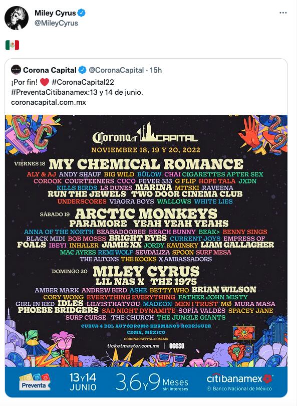Miley Cyrus celebra estar en el Corona Capital 2022.