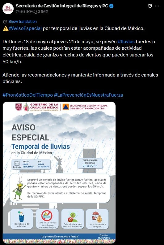 Temporal de lluvias intensas en CDMX inicia el 18 de mayo