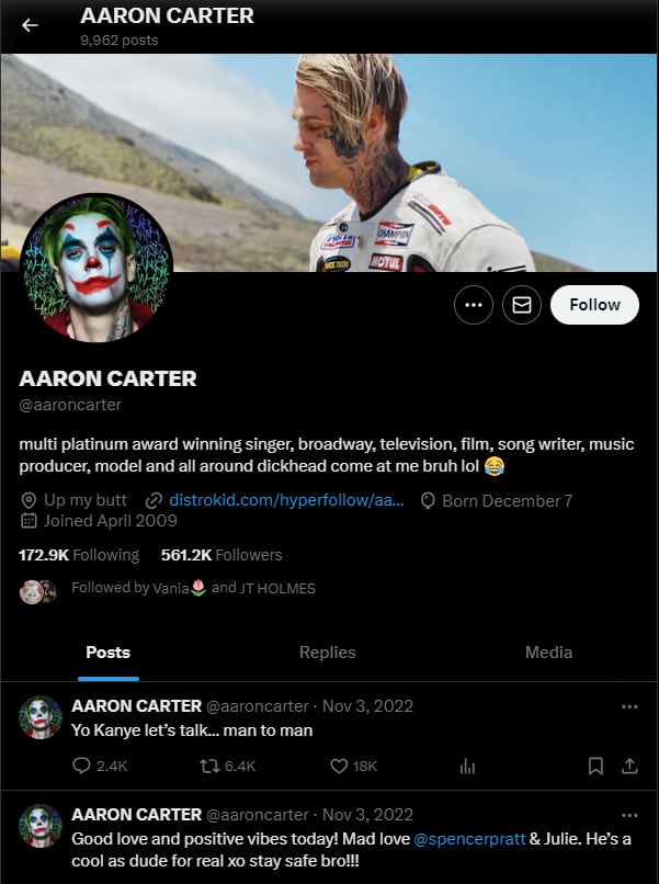 Último tweet de Aaron Carter.