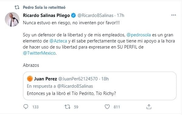 Ricardo Salinas Pliego sobre salida de Pedro Sola