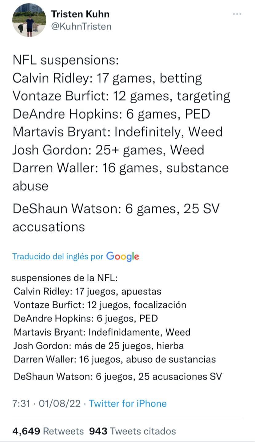 Algunas de las suspensiones de la NFL comparadas con la de Deshaun Watson.