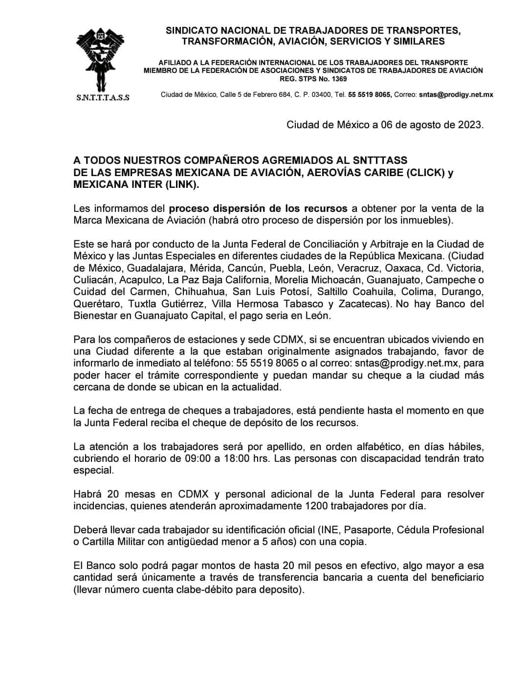 Comunicado para trabajadores de Mexicana de Aviación por parte del SNTTTASS para el reparto de la venta de la marca y los bines de la aerolínea