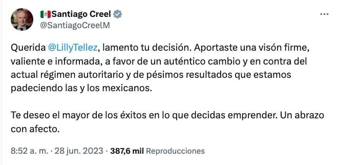 Marko Cortés, Felipe Calderón y Santiago Creel reaccionan a la renuncia de Lilly Téllez de Va por México
