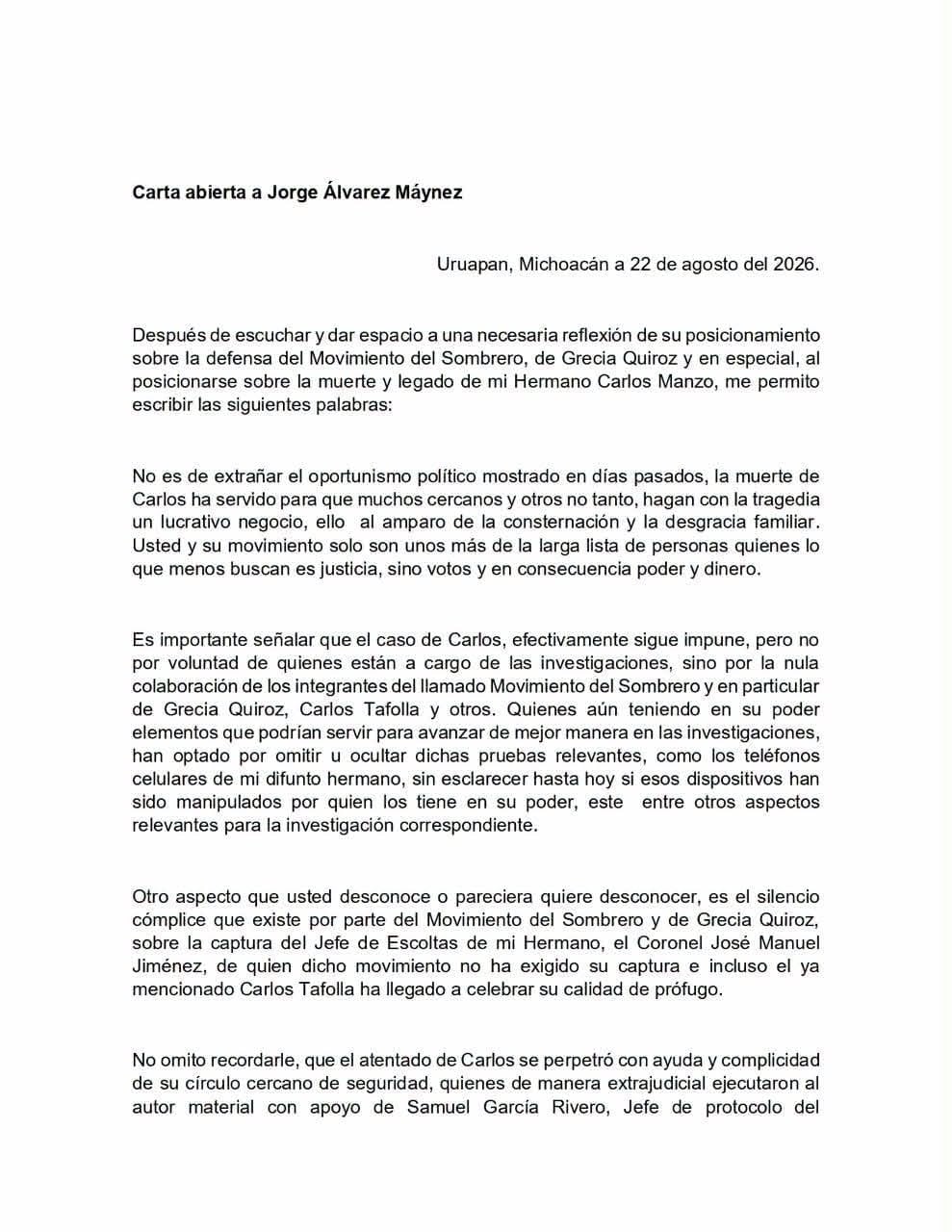 Juan Manzo acusa a Álvarez Máynez de oportunismo político por caso de Carlos Manzo