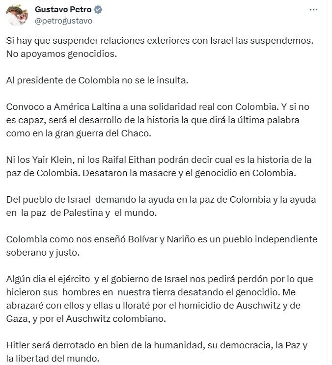 Gustavo Petro se dice listo para romper relaciones diplomáticas con Israel