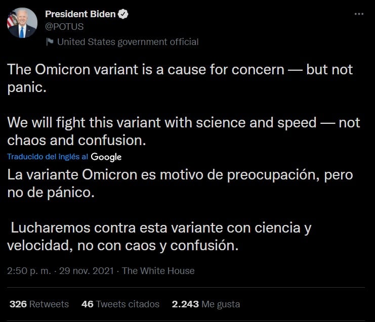 Joe Biden dice que Ómicron es motivo de preocupación, pero no de pánico