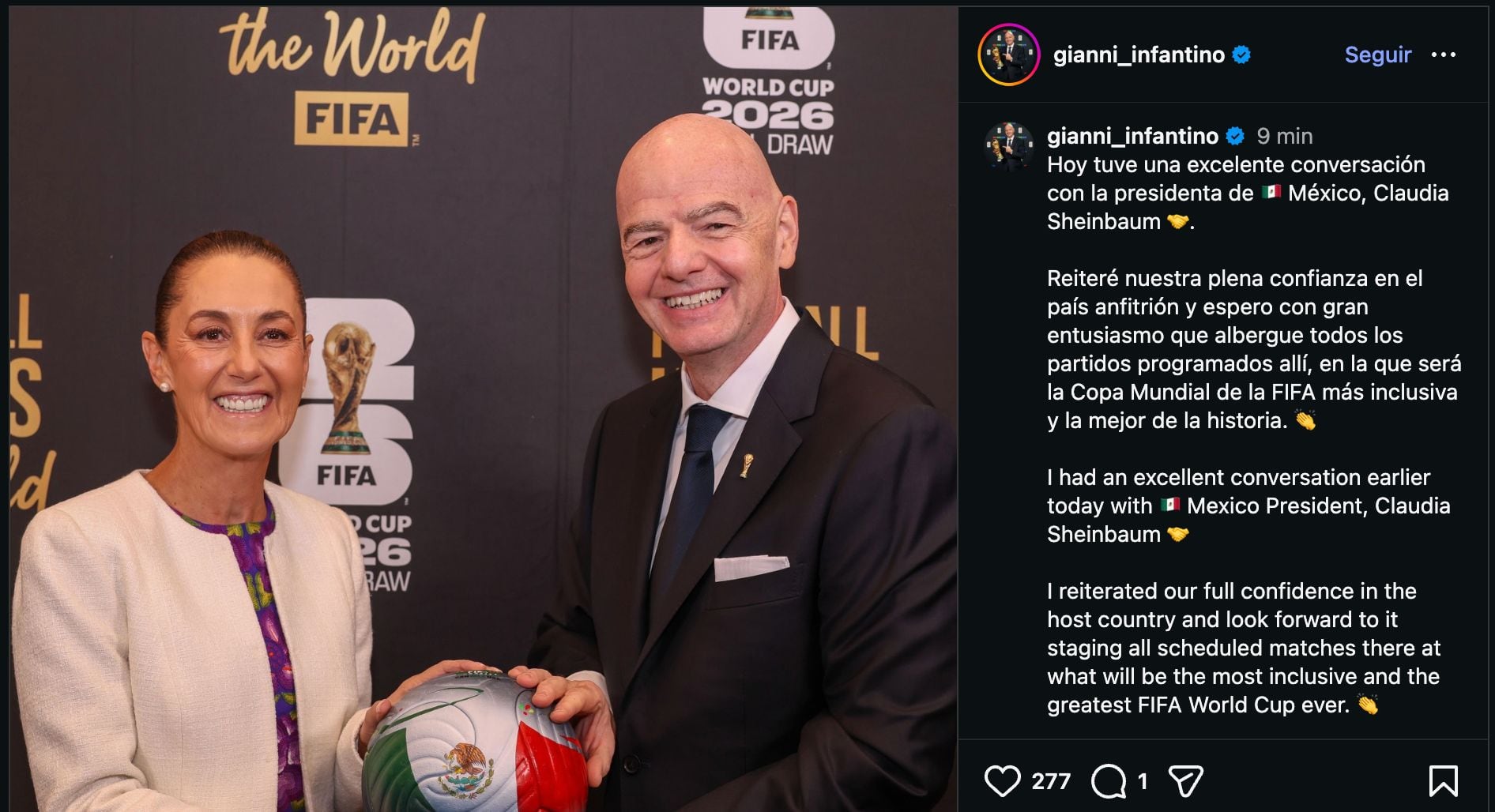 Infantino reafirma confianza en México para el Mundial 2026 tras reunirse con Sheinbaum.