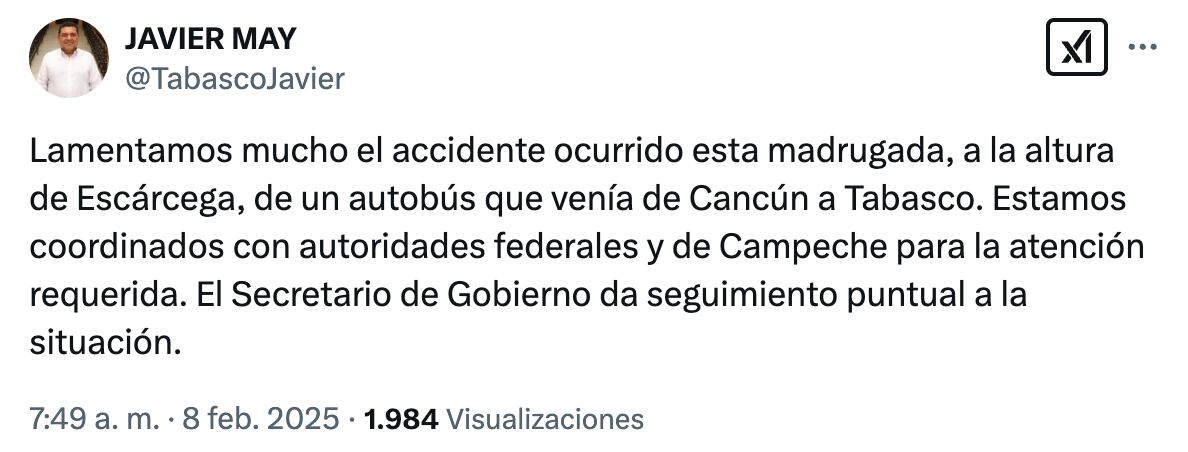 Javier May lamenta accidente en Escárcega, Campeche