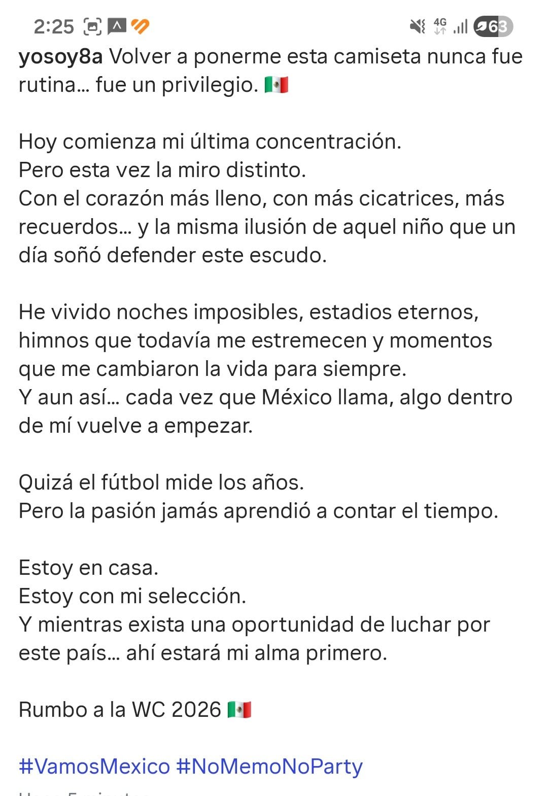 Publicación Memo Ochoa en Instagram