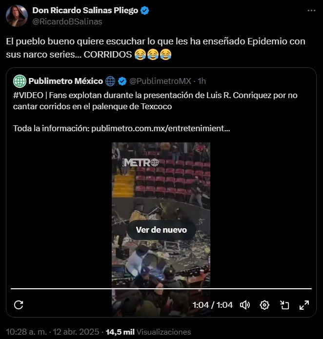 Ricardo Salina Pliego sobre agresión a Luis R Conriquez en Feria del Caballo en Texcoco.