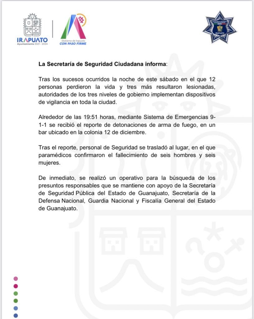 Secretaría de Seguridad Ciudadana se pronuncia tras ataque de comando armado a bar de Irapuato