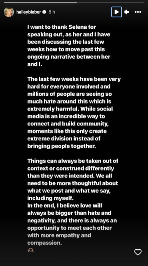 Hailey Bieber agradece el gesto de Selena Gómez con un mensaje