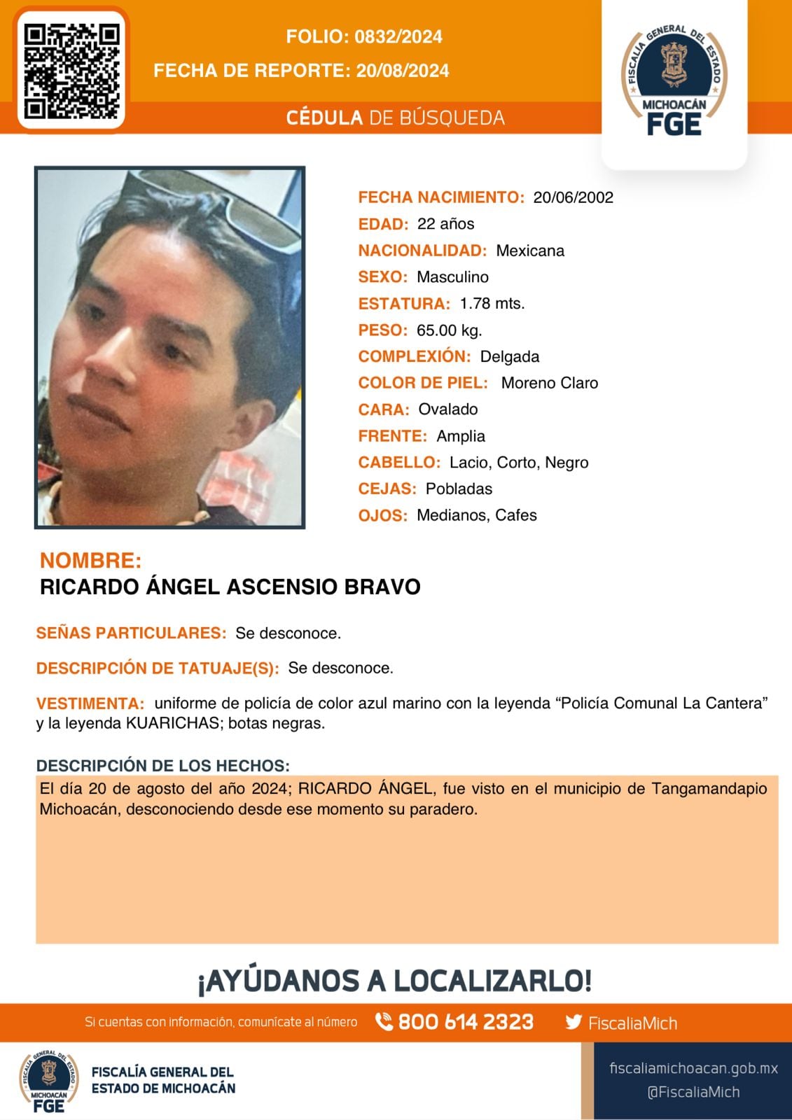 Ficha de búsqueda de policía comunal desaparecido en Tangamandapio, Michoacán