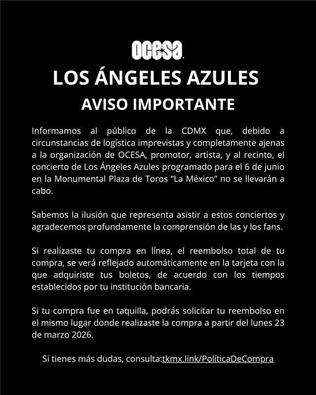 Los Ángeles Azules cancelan show en CDMX y anuncian reembolso total