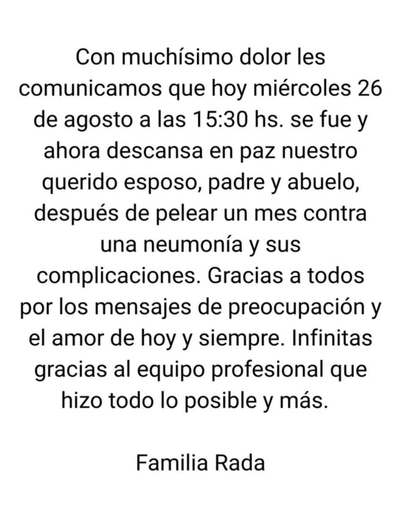 Familia de Rubén Rada confirma su muerte