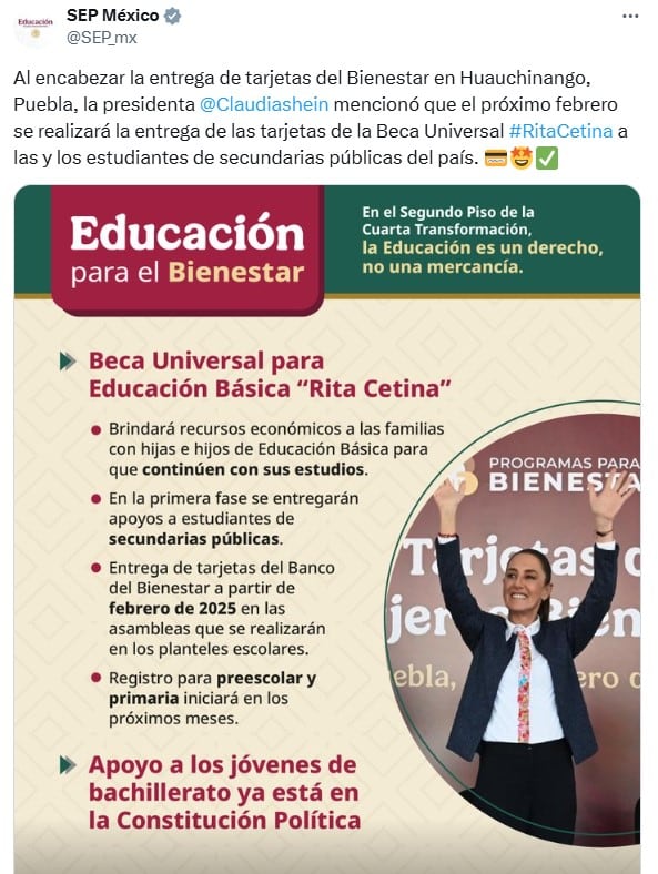 La SEP revela fecha de entrega de las tarjetas del Bienestar para la Beca Rita Cetina