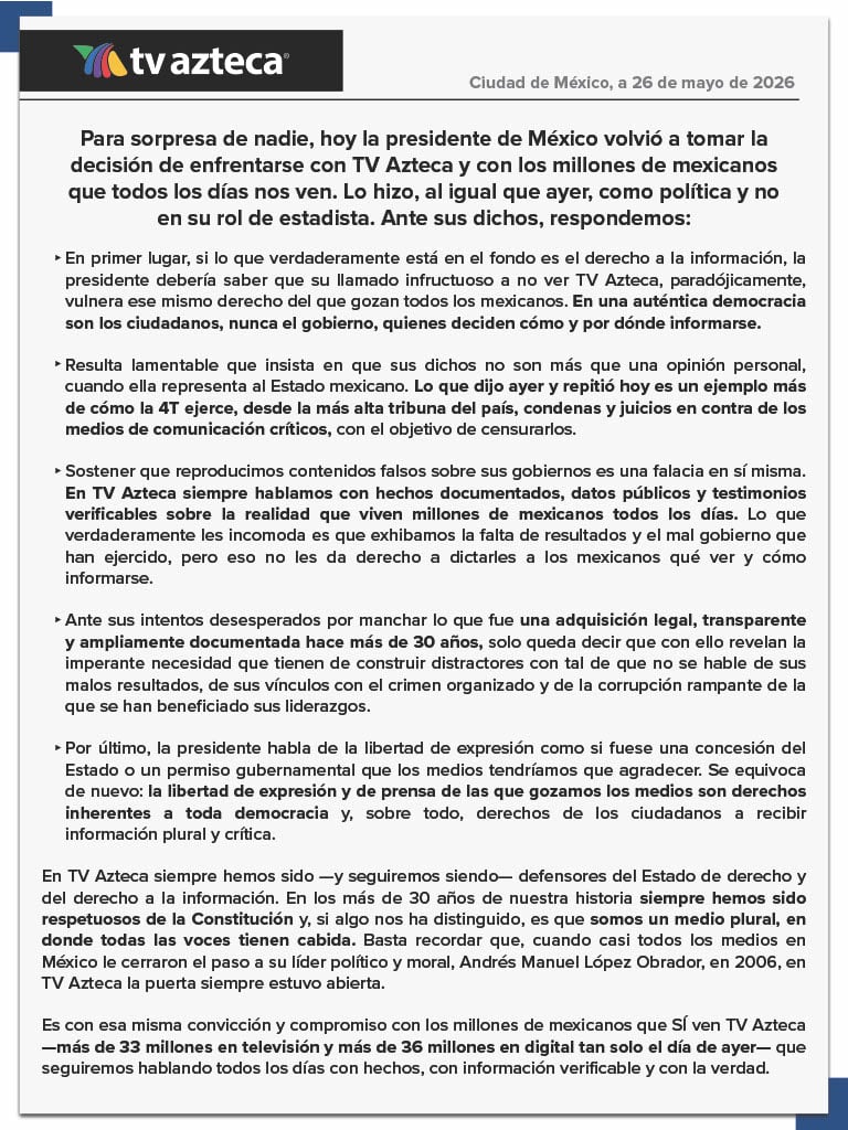 TV Azteca vuelve a responder a Sheinbaum