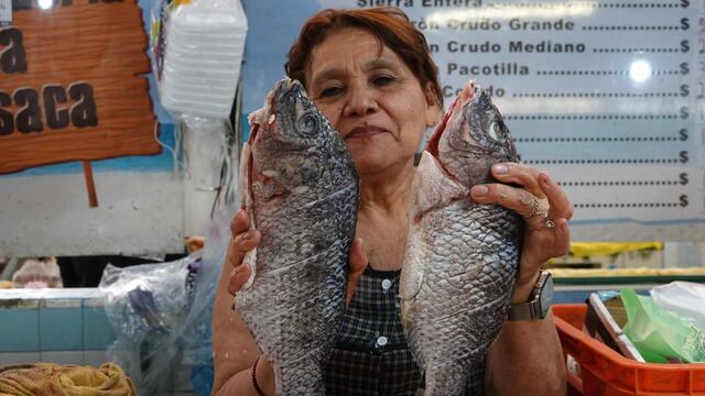 Vendedora muestra pescados en el Mercado Hidalgo