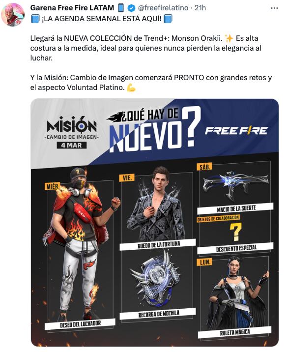 Free Fire revela su agenda semanal del 22 al 27 de febrero
