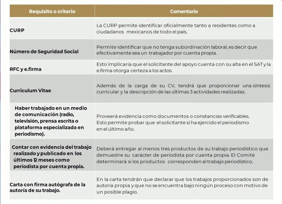 requisitos para el plan de seguridad para periodistas independientes/captura de pantalla