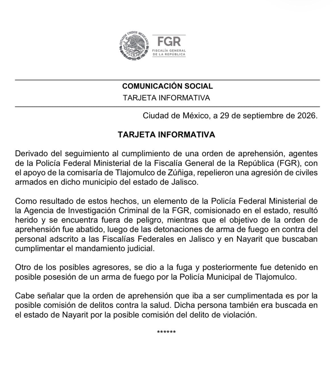FGR informa sobre enfrentamiento en Tlajomulco