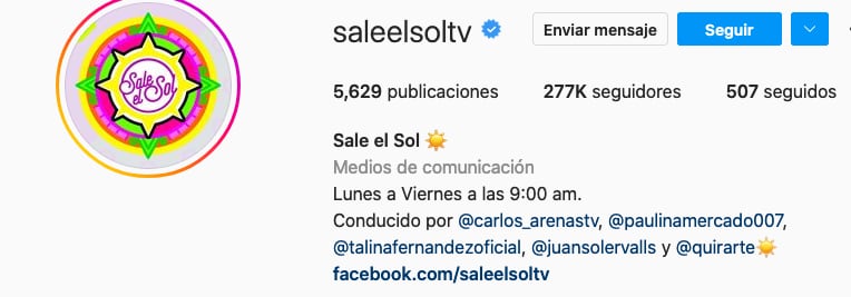 Biografía de Instagram de Sale el Sol.