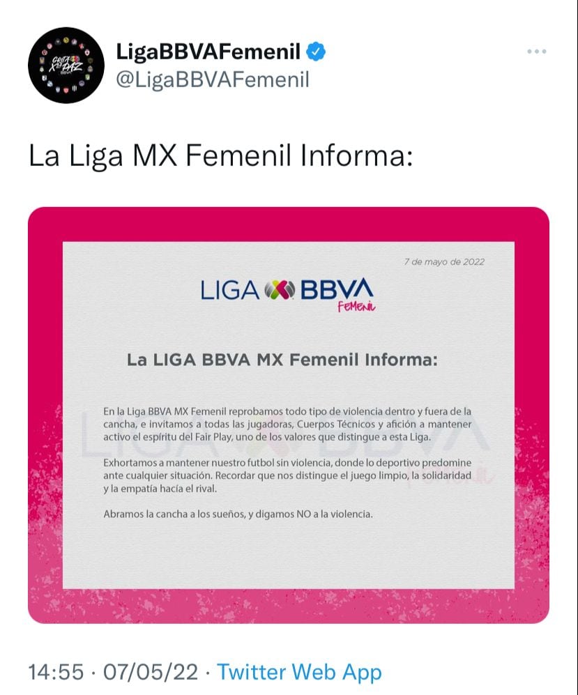 La Liga MX Femenil reprobó cualquier demostración de violencia dentro y fuera de la cancha.