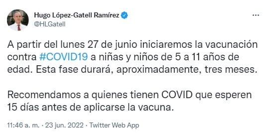 Tuit de Hugo López-Gatell
