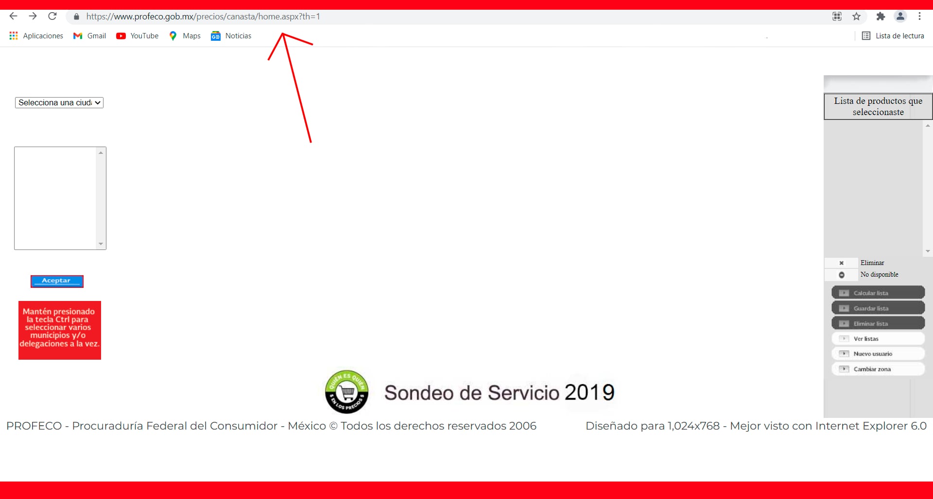 Captura de pantalla de la página web de quién es quién en los precios de Profeco