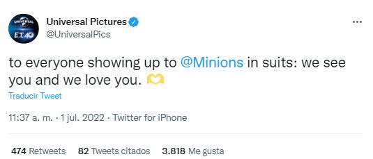 Universal Pictures agradeciendo al público que fue en traje a ver Minions'