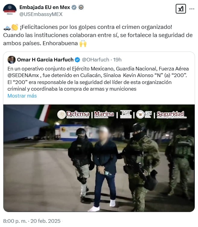 Embajada de Estados Unidos felicita a México por detenciones contra Los Chapitos en Culiacán, Sinaloa