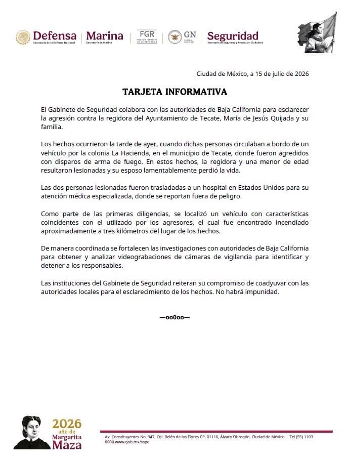 Gabinete de Seguridad confirma atentado contra María Quijada; hallan vehículo quemado