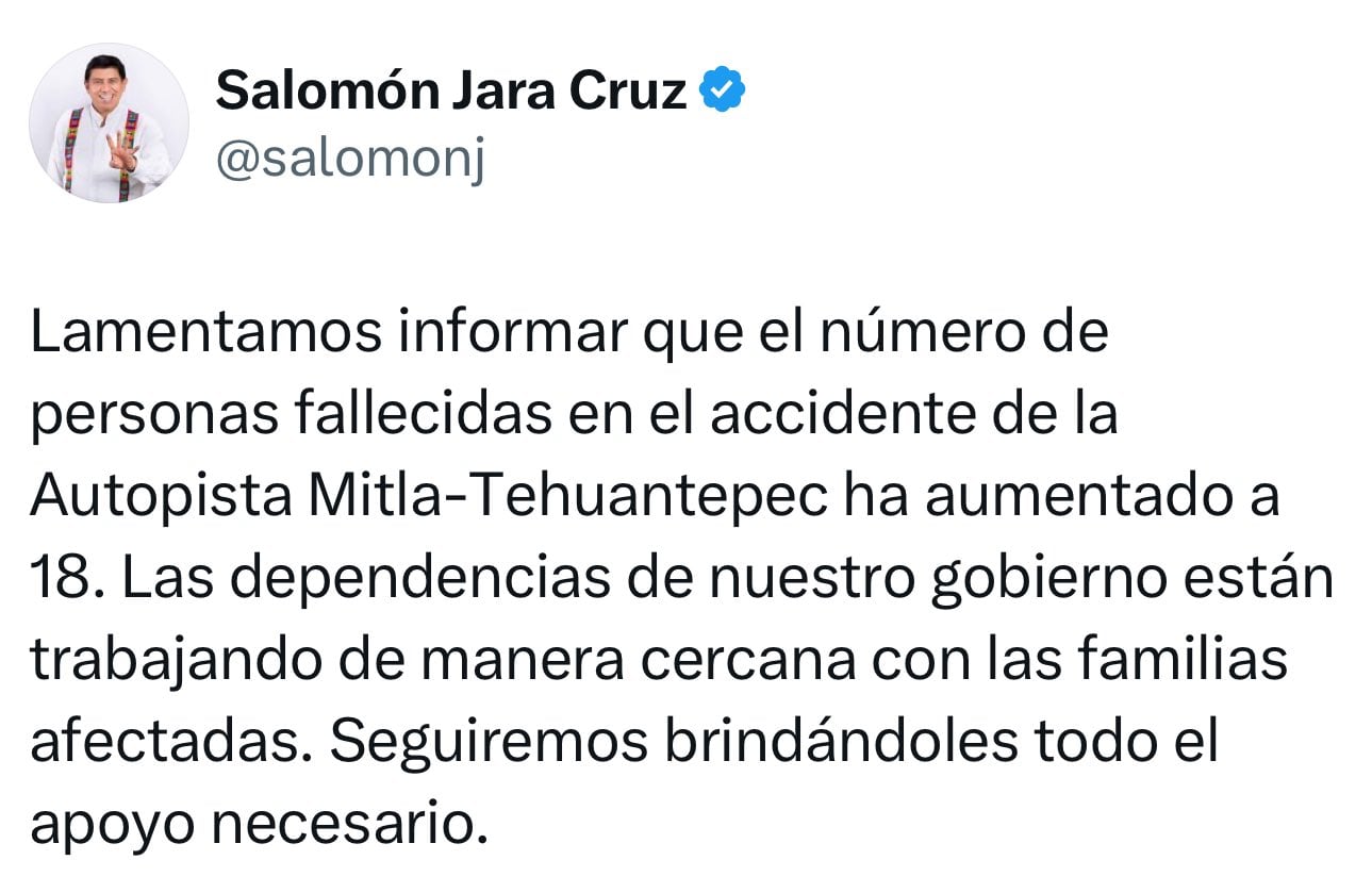 Salomón Jara reporta que aumentó a 18 el número de muertos por volcadura de autobús