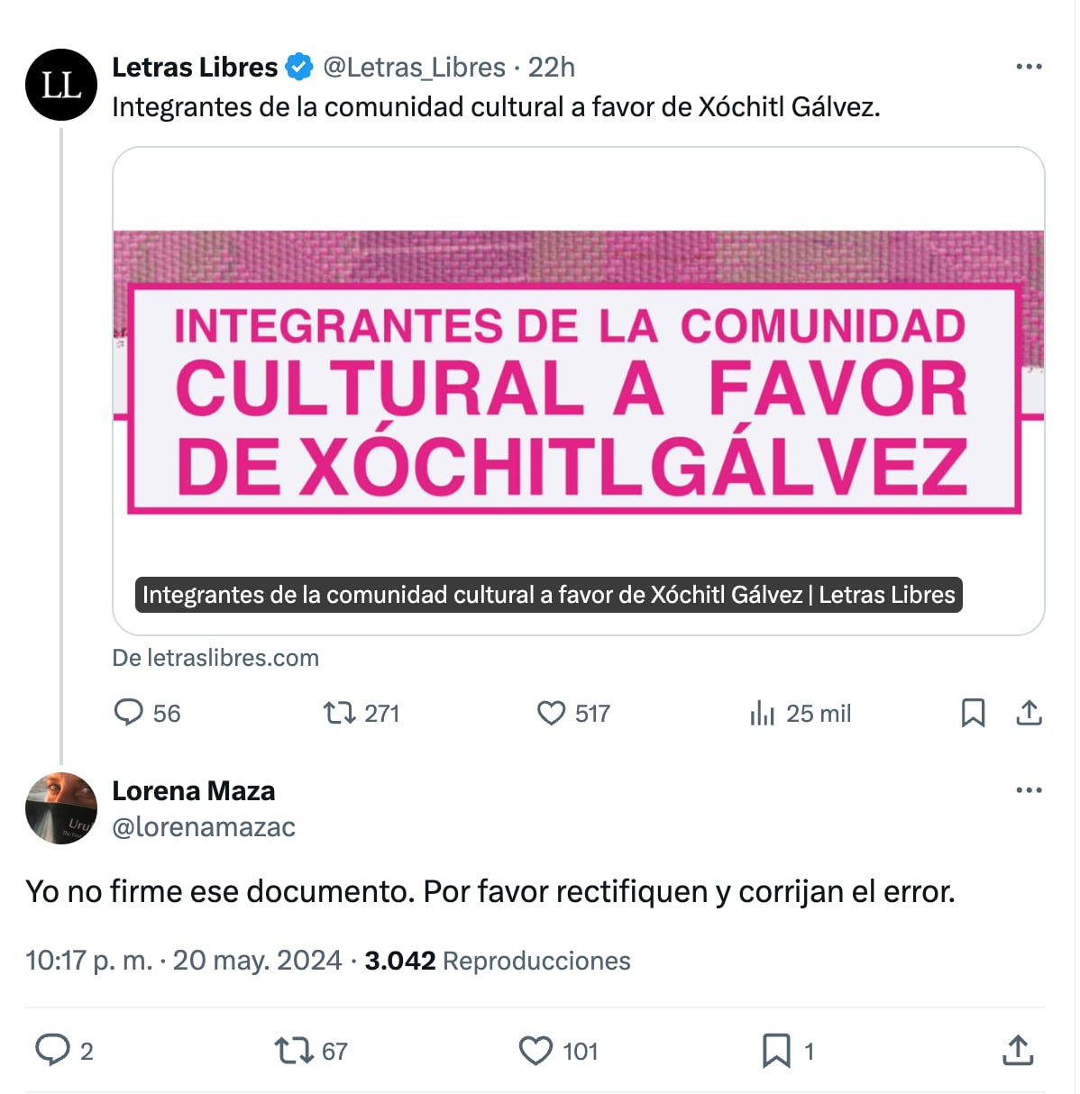 Lorena Maza se deslinda de Manifiesto a favor de Xóchitl Gálvez