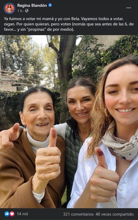 En sus redes sociales, Regina Blandón publicó que ya acudió a votar
