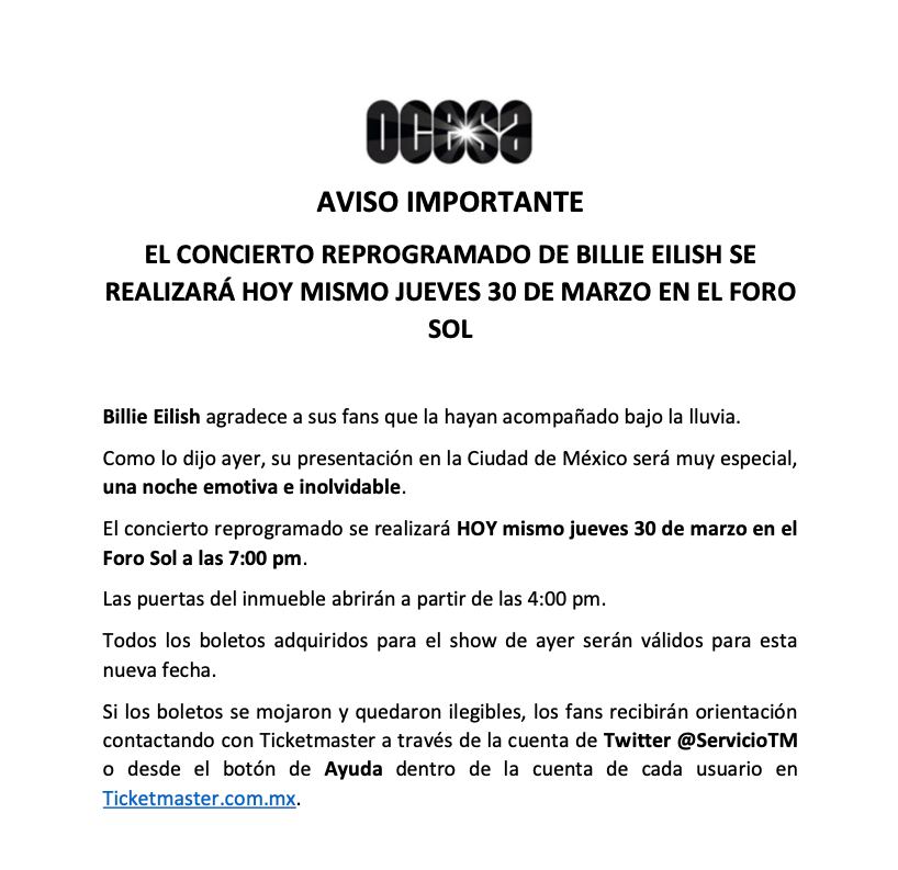 Comunicado Ocesa por Billie Eilish