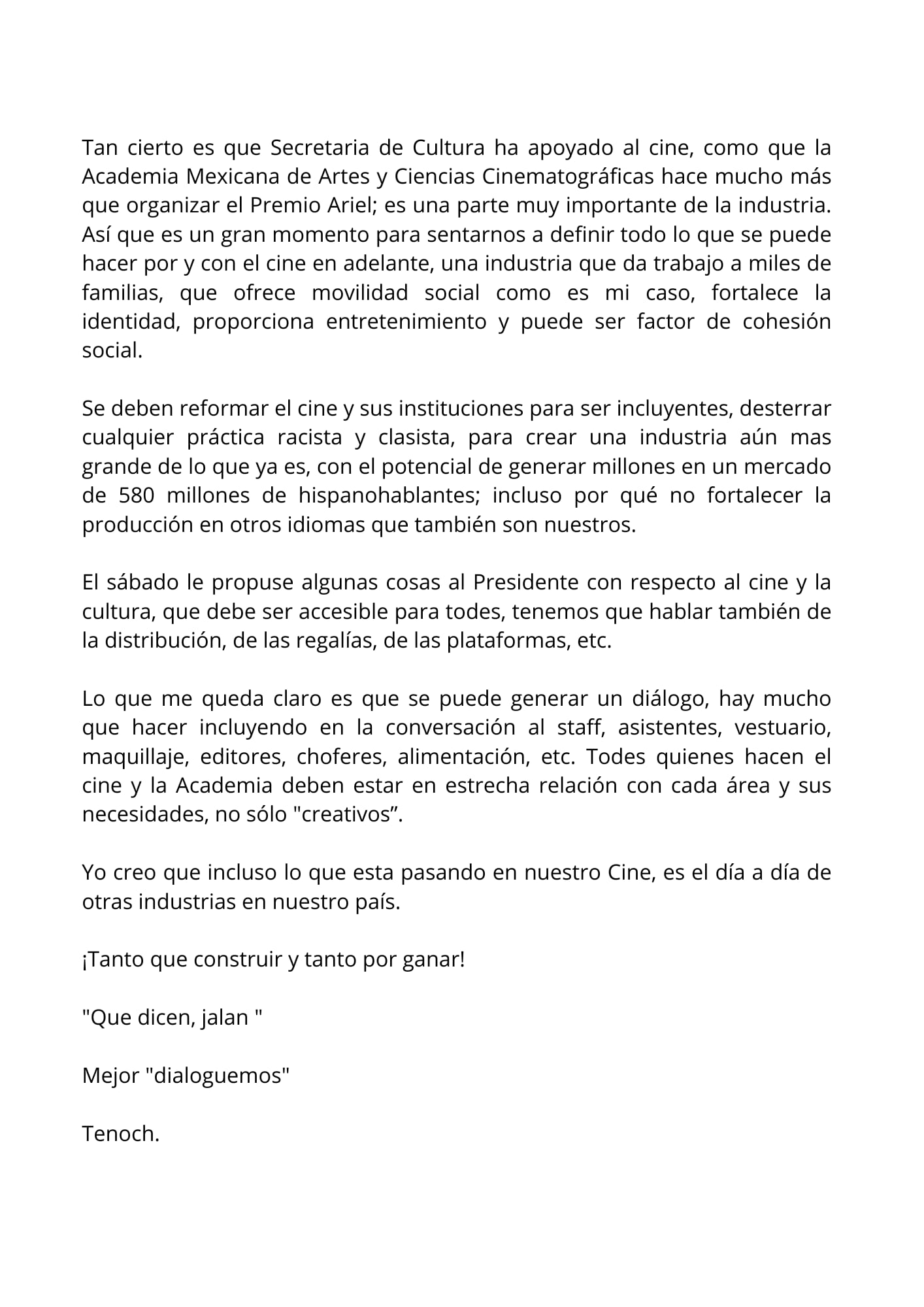 Tenoch Huerta habla sobre la situación de la AMACC a través de un comunicado