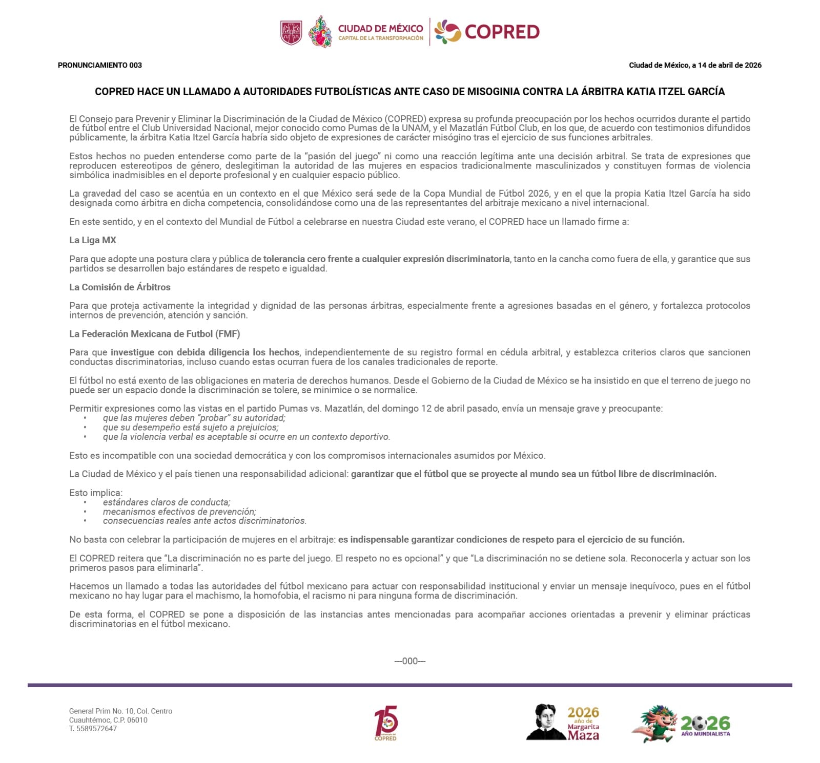 COPRED exige a Liga MX investigar caso de Katia Itzel García