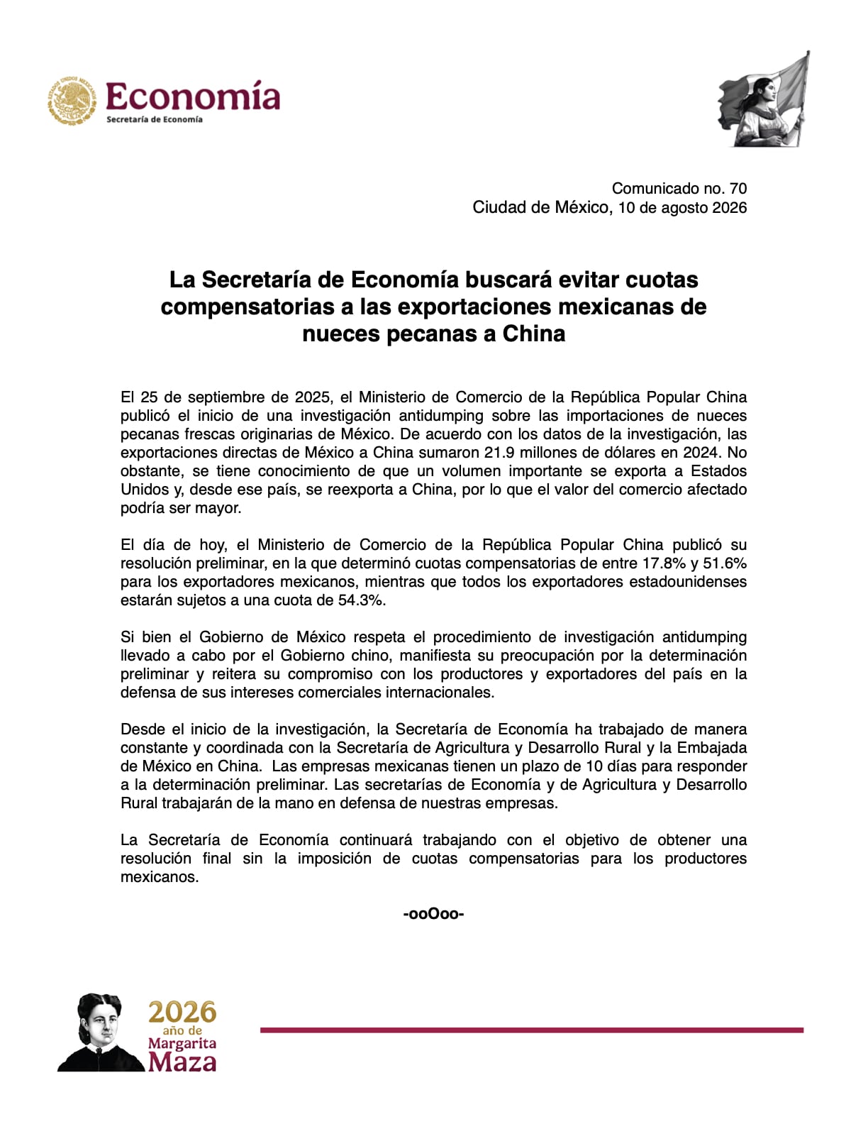 Comunicado de la Secretaría de Economía