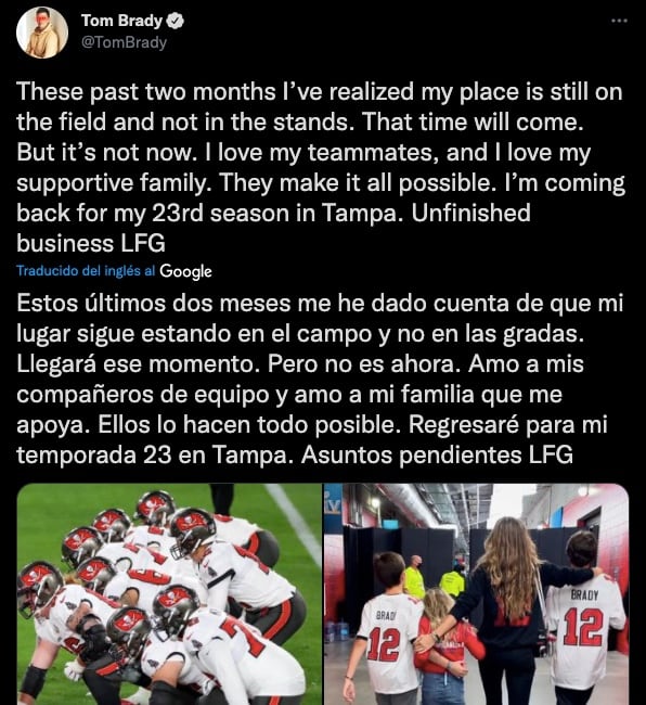 Tom Brady regresará a la NFL tras retirarse en enero de 2022.