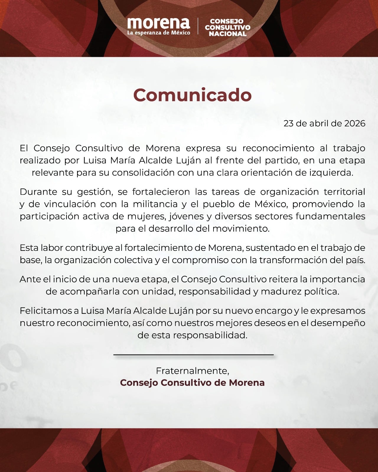 Morena despide a Luisa Alcalde y destaca su labor en el partido