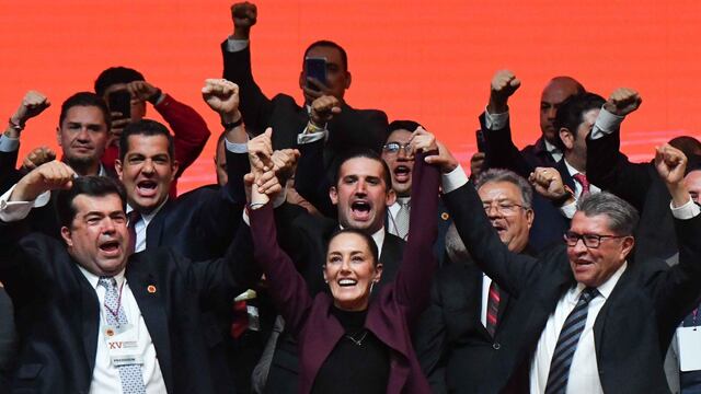 Pablo Haces Barba, senador y líder sindical de la CATEM; Claudia Sheinbaum precandidata de Morena y Ricardo Monreal
